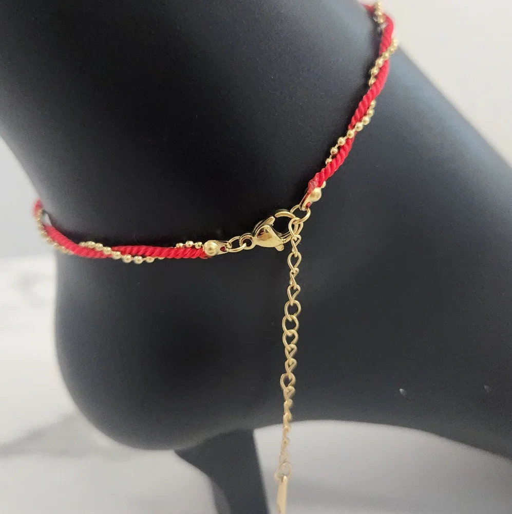 Red Rope String & Gold Beaded Twisted Anklet - Picture 8 of 13